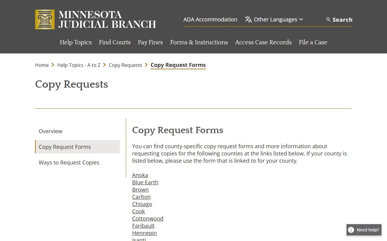 Pipestone County Court Administrator copy request forms
