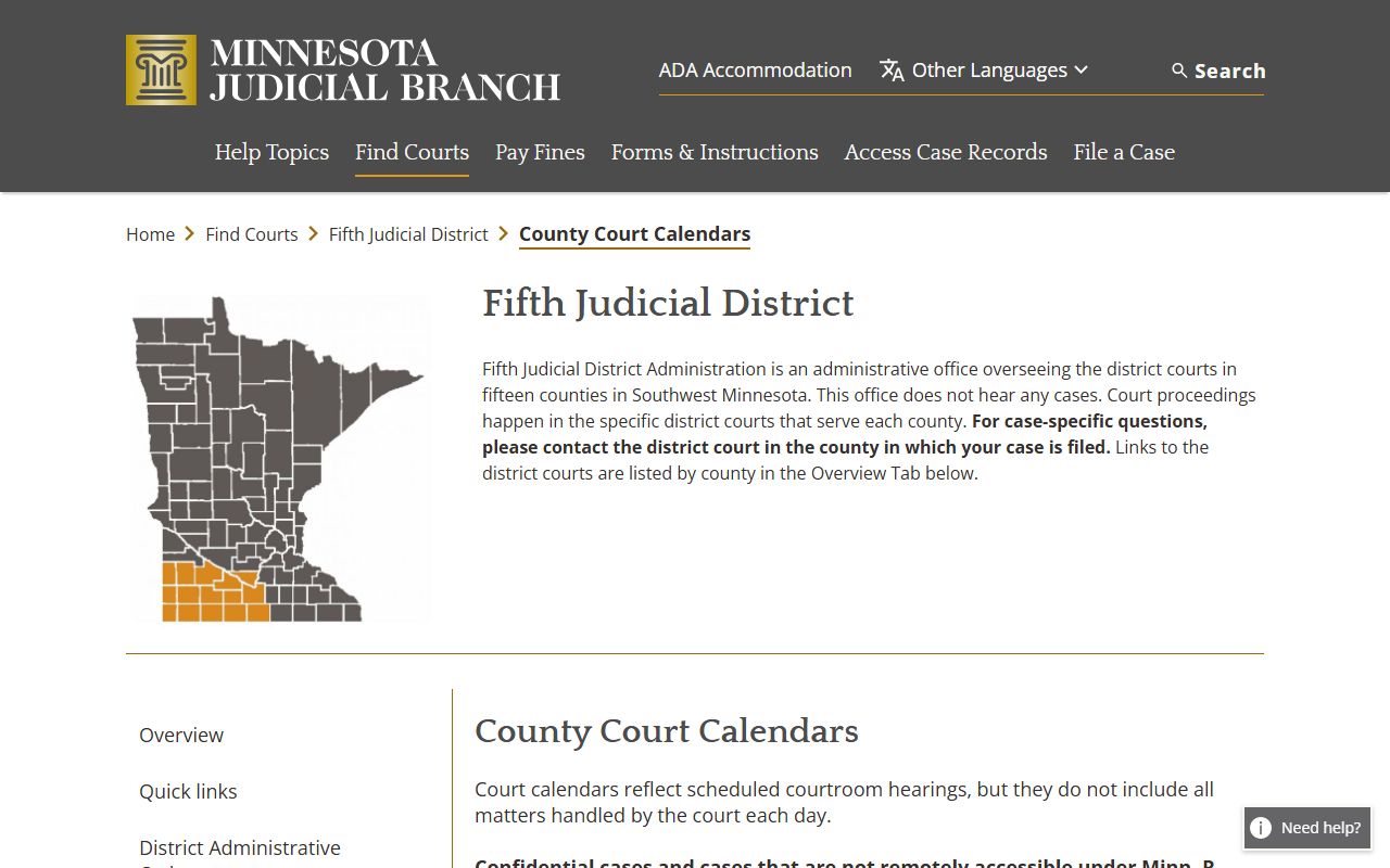 Pipestone County court dockets Fifth Judicial District calendar page