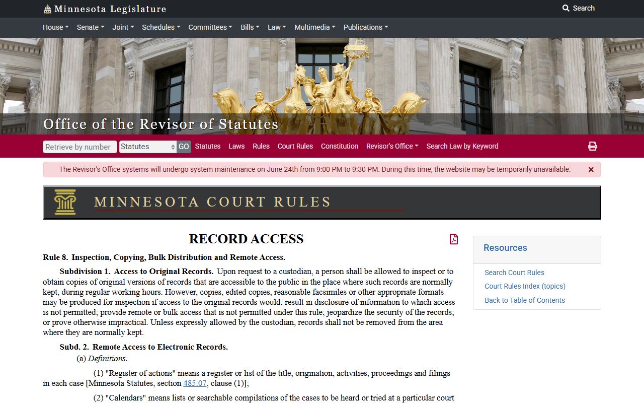 Pipestone County court records Minnesota Rule of Public Access 8