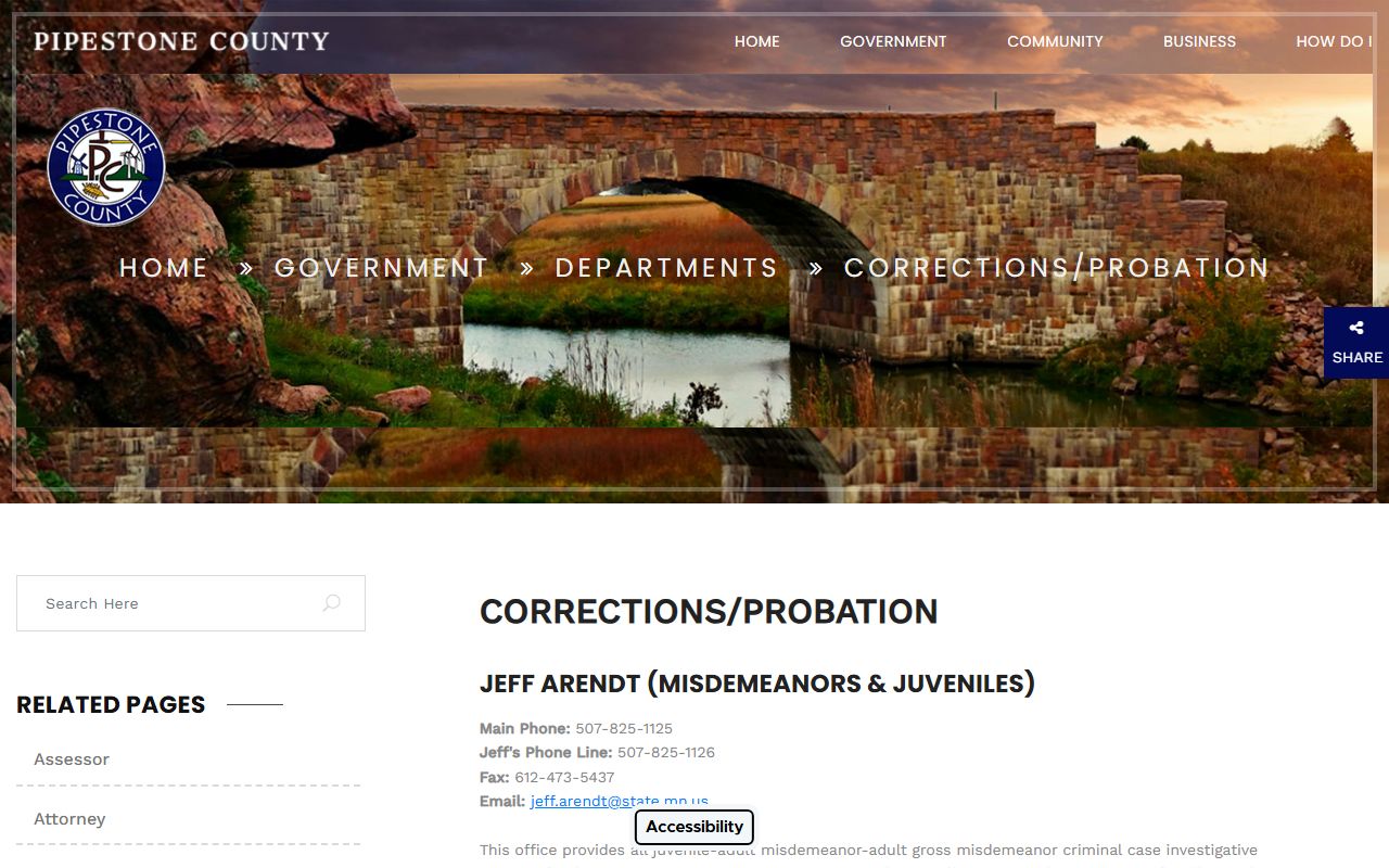 Pipestone County criminal court records corrections and probation page