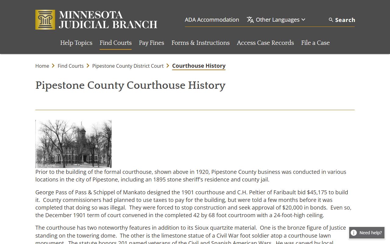 Pipestone County District Court courthouse history