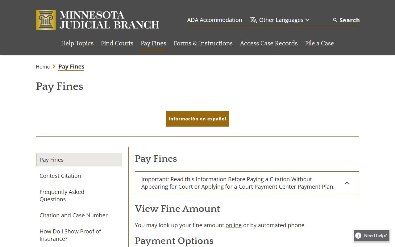 Pipestone County traffic court records Minnesota fine payment
