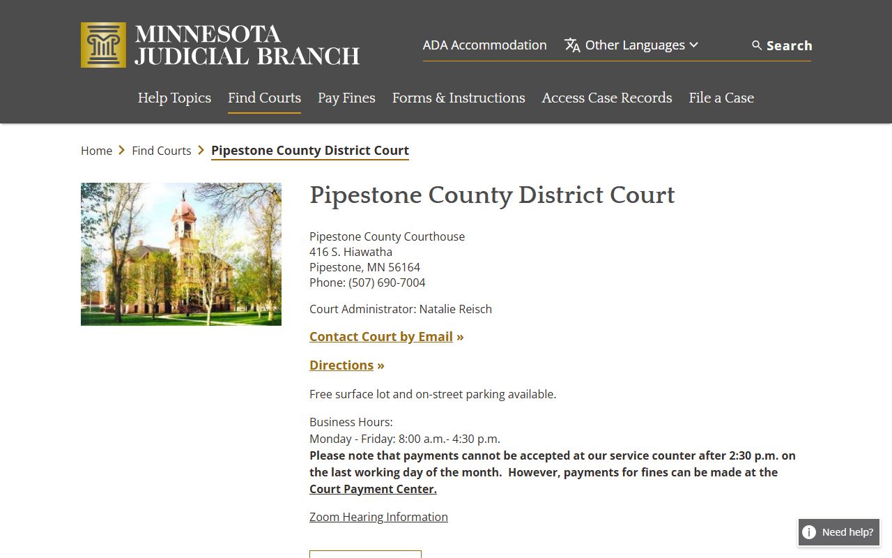 Pipestone County court records official District Court page