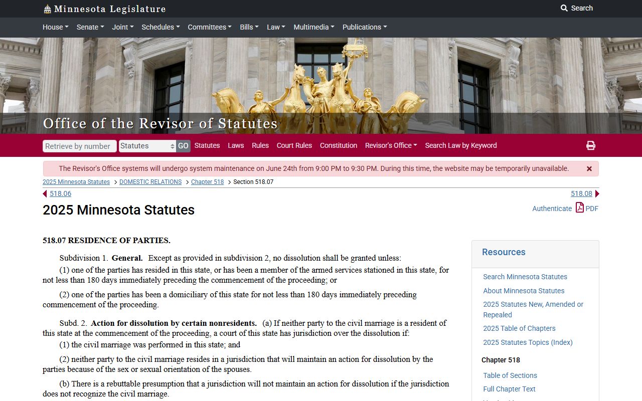 Pipestone County divorce records Minnesota residence statute