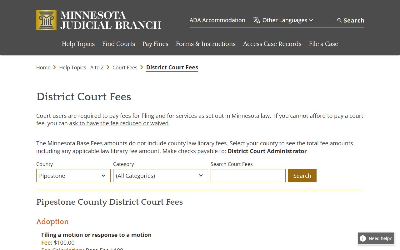 Pipestone County probate records district court fee schedule