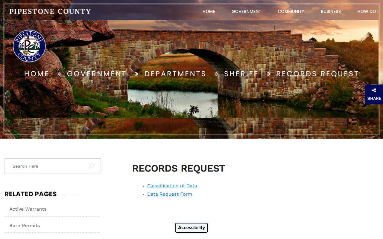 Pipestone County warrant records Sheriff records request page